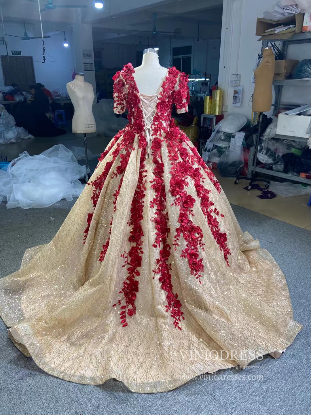 Vintage Gold Wedding Dresses Red 3D Flower Ball Gown Quince Dress 67487-Quinceanera Dresses-Viniodress-Viniodress