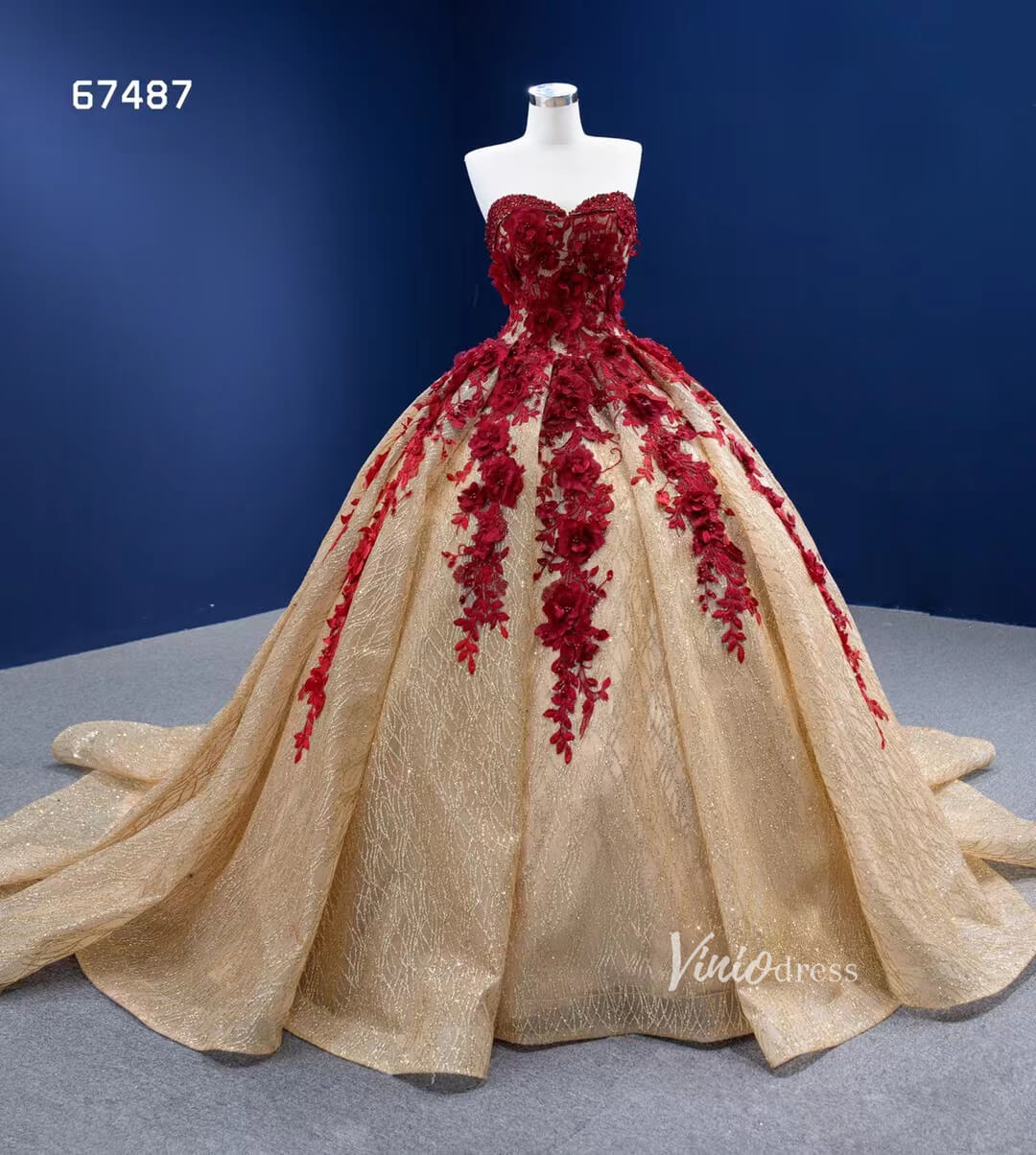 Vintage Gold Wedding Dresses Red 3D Flower Ball Gown Quince Dress 67487-Quinceanera Dresses-Viniodress-Viniodress