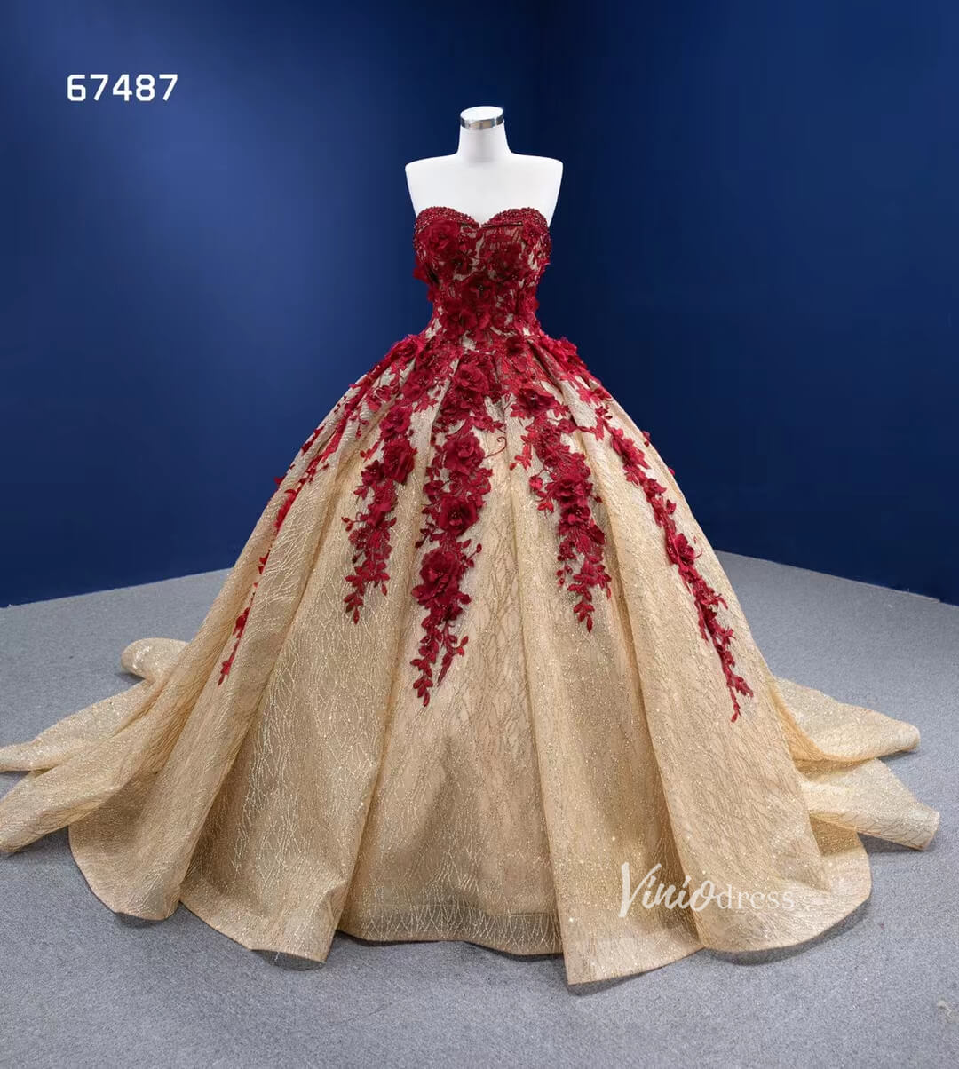 Vintage Gold Wedding Dresses Red 3D Flower Ball Gown Quince Dress 67487-Quinceanera Dresses-Viniodress-Viniodress