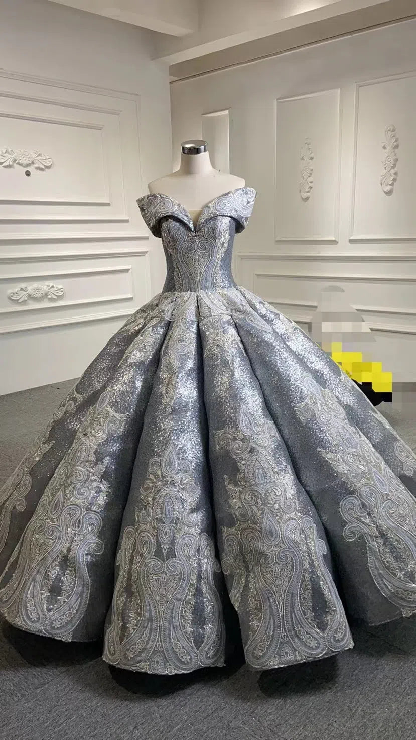 Vintage Gray Quinceanera Dresses Off the Shoulder Sequin Ball Gown 66673 viniodress-prom dresses 2025 -Viniodress-Grey-Custom Size-