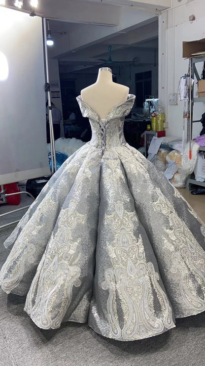 Vintage Gray Quinceanera Dresses Off the Shoulder Sequin Ball Gown 66673 viniodress-prom dresses 2025 -Viniodress-Grey-Custom Size-