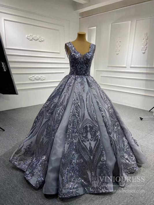 Vintage Gray Sequin Prom Ball Gown Removable Sleeves 66709 viniodress-Quinceanera Dresses 2025 -Viniodress-Grey-Custom Size-