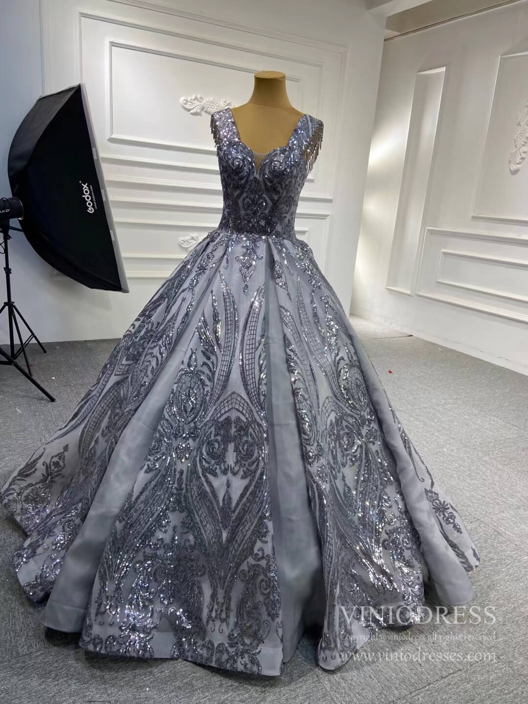 Vintage Gray Sequin Prom Ball Gown Removable Sleeves 66709 viniodress-Quinceanera Dresses 2025 -Viniodress-Grey-Custom Size-