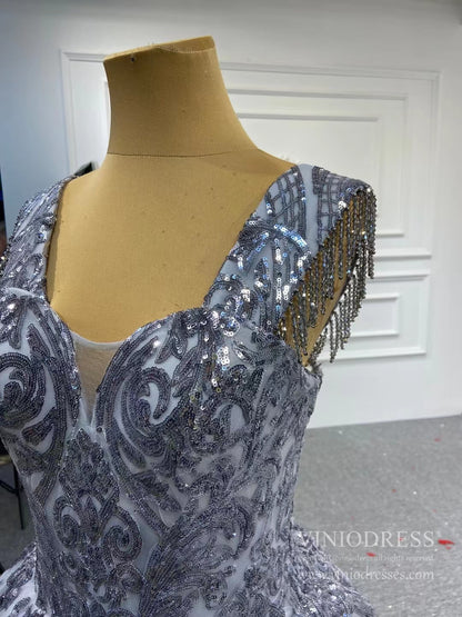 Vintage Gray Sequin Prom Ball Gown Removable Sleeves 66709 viniodress-Quinceanera Dresses 2025 -Viniodress-Grey-Custom Size-