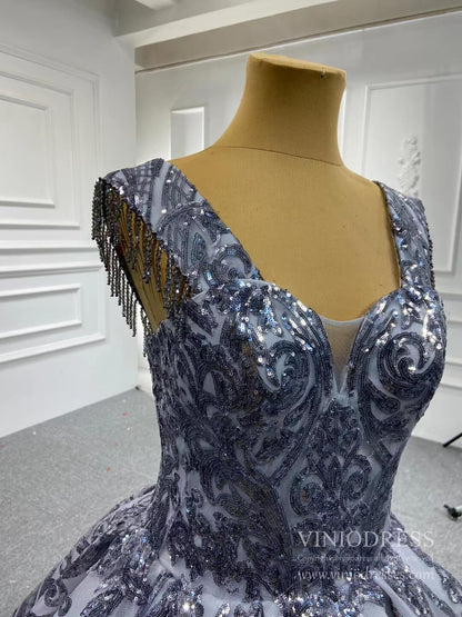 Vintage Gray Sequin Prom Ball Gown Removable Sleeves 66709 viniodress-Quinceanera Dresses 2025 -Viniodress-Grey-Custom Size-