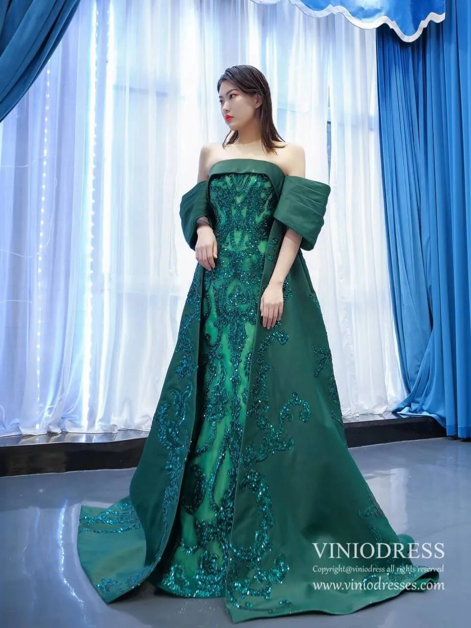 Vintage Green Lace Satin Prom Dresses Off the Shoulder Couture Pageant Dress 67227 viniodress-Quinceanera Dresses 2025 -Viniodress-Green-Custom Size-