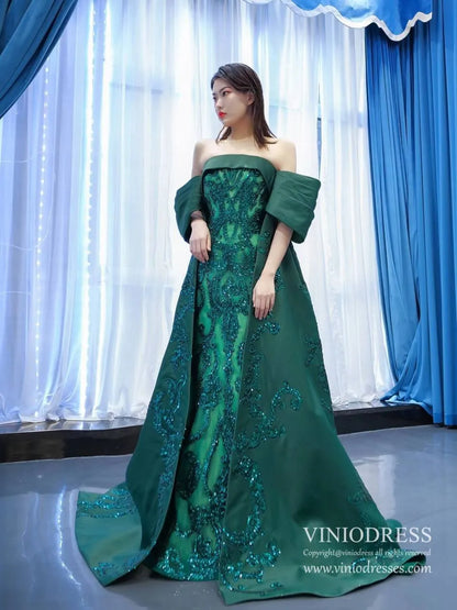 Vintage Green Lace Satin Prom Dresses Off the Shoulder Couture Pageant Dress 67227 viniodress-Quinceanera Dresses 2025 -Viniodress-Green-Custom Size-