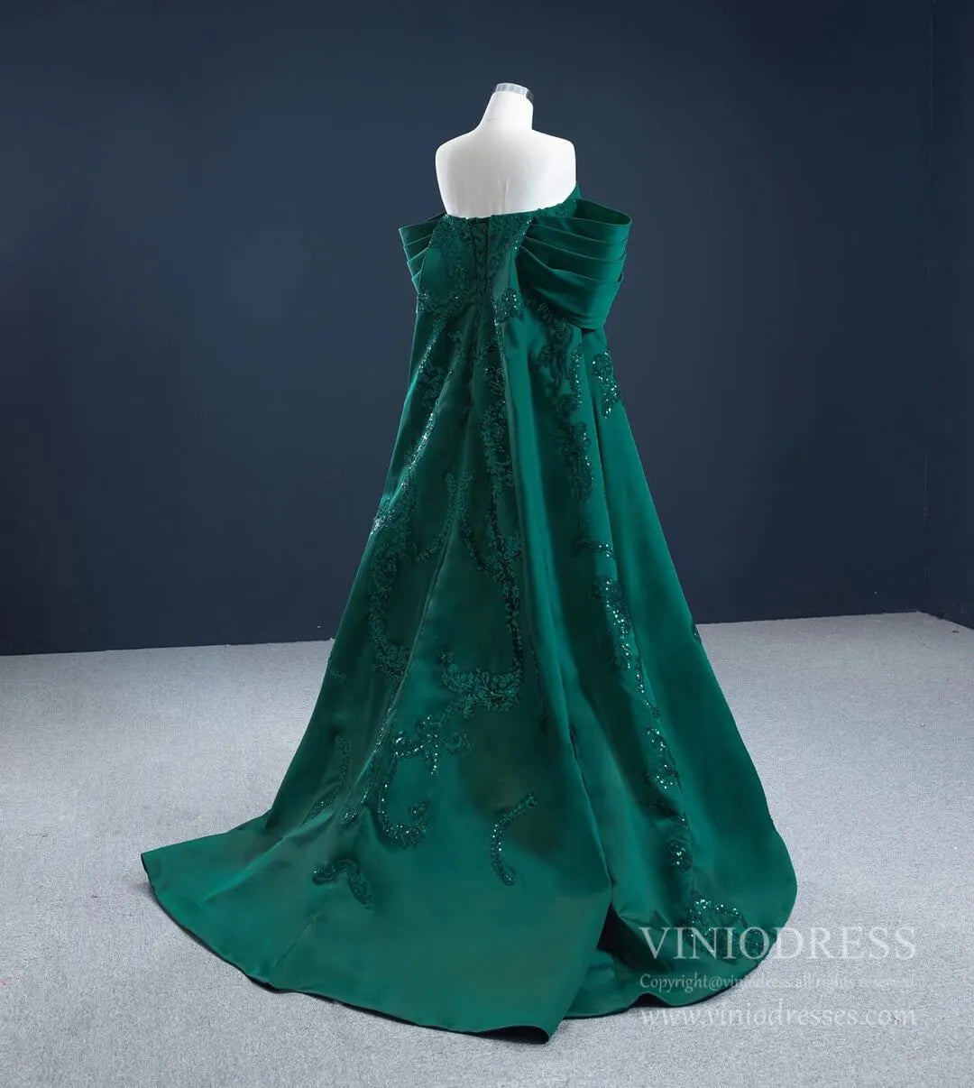 Vintage Green Lace Satin Prom Dresses Off the Shoulder Couture Pageant Dress 67227 viniodress-Quinceanera Dresses 2025 -Viniodress-Green-Custom Size-