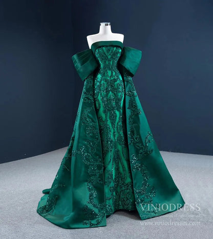 Vintage Green Lace Satin Prom Dresses Off the Shoulder Couture Pageant Dress 67227 viniodress-Quinceanera Dresses 2025 -Viniodress-Green-Custom Size-