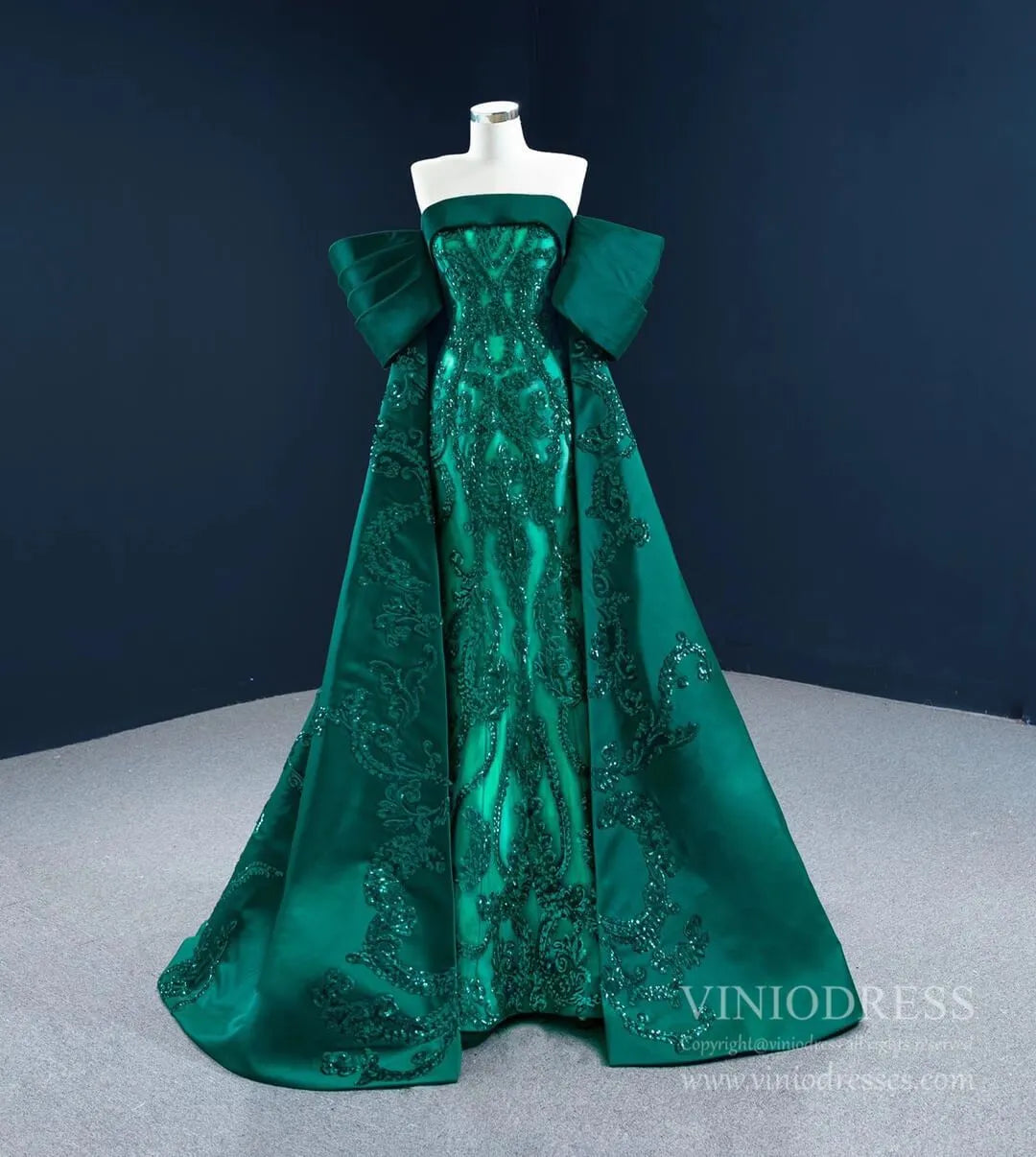 Vintage Green Lace Satin Prom Dresses Off the Shoulder Couture Pageant Dress 67227 viniodress-Quinceanera Dresses 2025 -Viniodress-Green-Custom Size-
