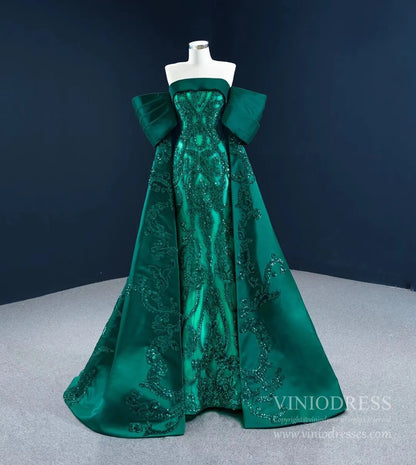 Vintage Green Lace Satin Prom Dresses Off the Shoulder Couture Pageant Dress 67227 viniodress-Quinceanera Dresses 2025 -Viniodress-Green-Custom Size-