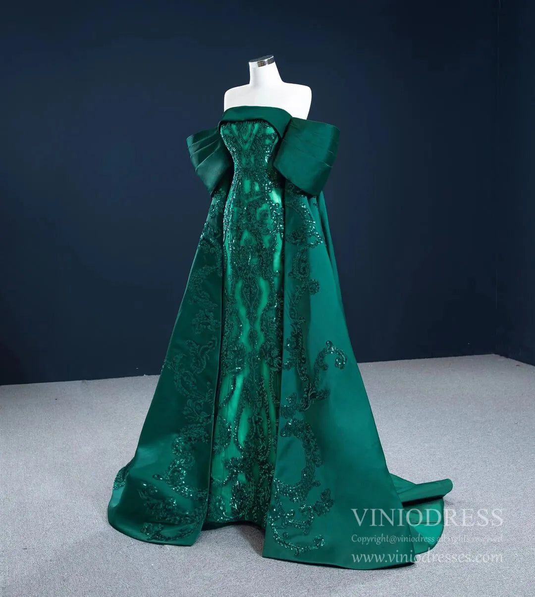 Vintage Green Lace Satin Prom Dresses Off the Shoulder Couture Pageant Dress 67227 viniodress-Quinceanera Dresses 2025 -Viniodress-Green-Custom Size-