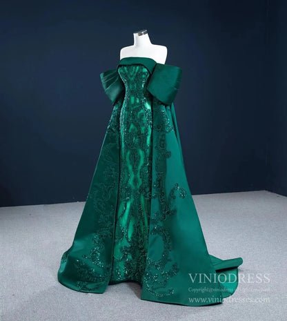 Vintage Green Lace Satin Prom Dresses Off the Shoulder Couture Pageant Dress 67227 viniodress-Quinceanera Dresses 2025 -Viniodress-Green-Custom Size-
