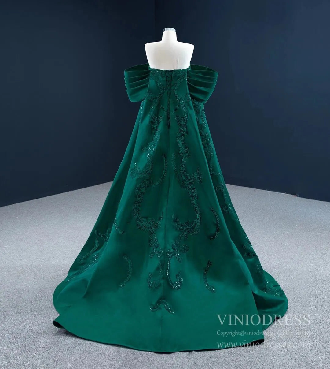 Vintage Green Lace Satin Prom Dresses Off the Shoulder Couture Pageant Dress 67227 viniodress-Quinceanera Dresses 2025 -Viniodress-Green-Custom Size-