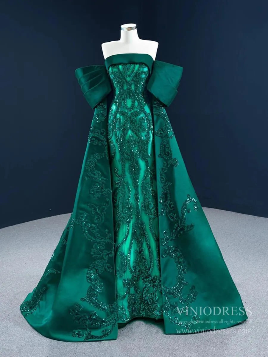 Vintage Green Lace Satin Prom Dresses Off the Shoulder Couture Pageant Dress 67227 viniodress-Quinceanera Dresses 2025 -Viniodress-Green-Custom Size-