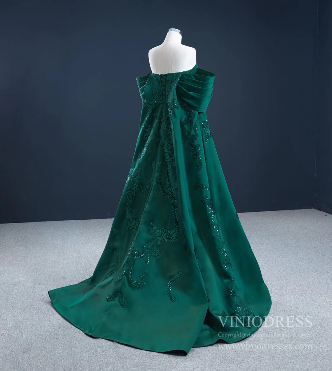 Prom Dress 2025 Vintage Green Lace Satin Prom Dresses Off the Shoulder Couture Pageant Dress 67227 viniodress-unique Quinceanera Dresses-Green-Custom Size-Viniodress