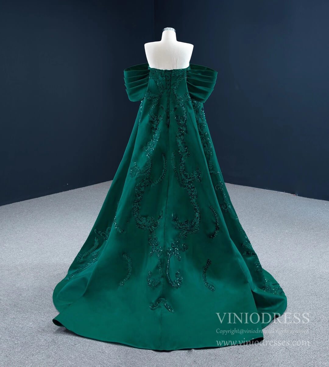 Prom Dress 2025 Vintage Green Lace Satin Prom Dresses Off the Shoulder Couture Pageant Dress 67227 viniodress-unique Quinceanera Dresses-Green-Custom Size-Viniodress