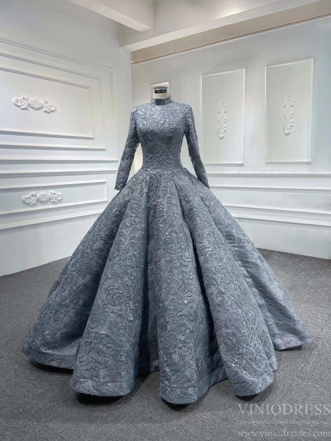 Vintage High Neck Ball Gown Wedding Dress 66686 Long Sleeve-Quinceanera Dresses 2025 -Viniodress-Grey-Custom Size-