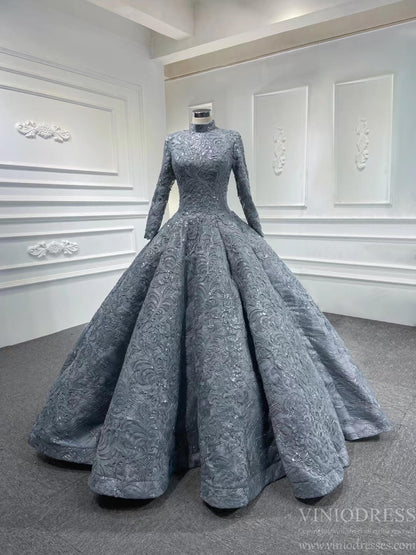 Vintage High Neck Ball Gown Wedding Dress 66686 Long Sleeve-Quinceanera Dresses 2025 -Viniodress-Grey-Custom Size-