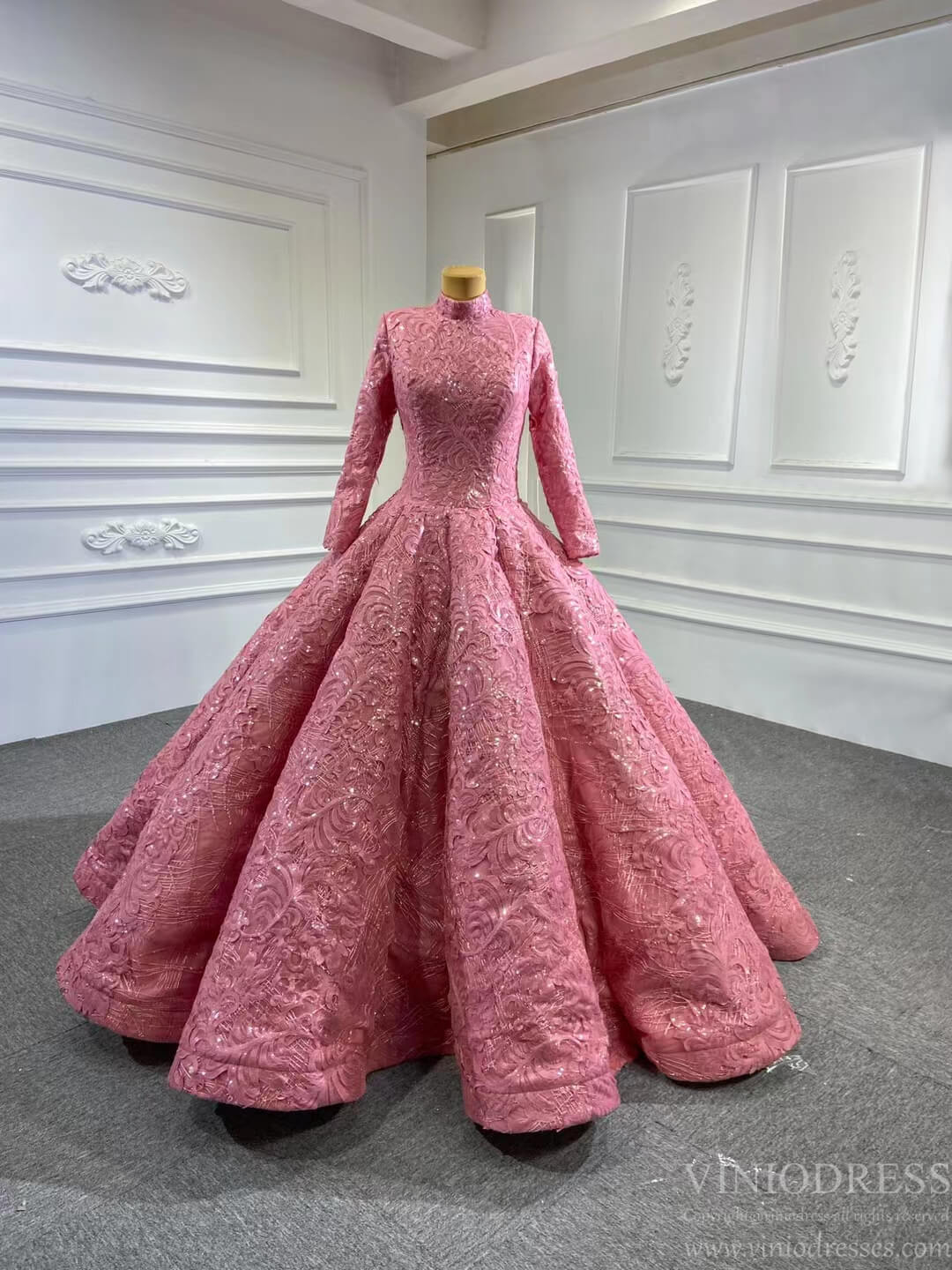 Vintage High Neck Ball Gown Wedding Dress 66686 Long Sleeve-Quinceanera Dresses 2025 -Viniodress-Pink-Custom Size-
