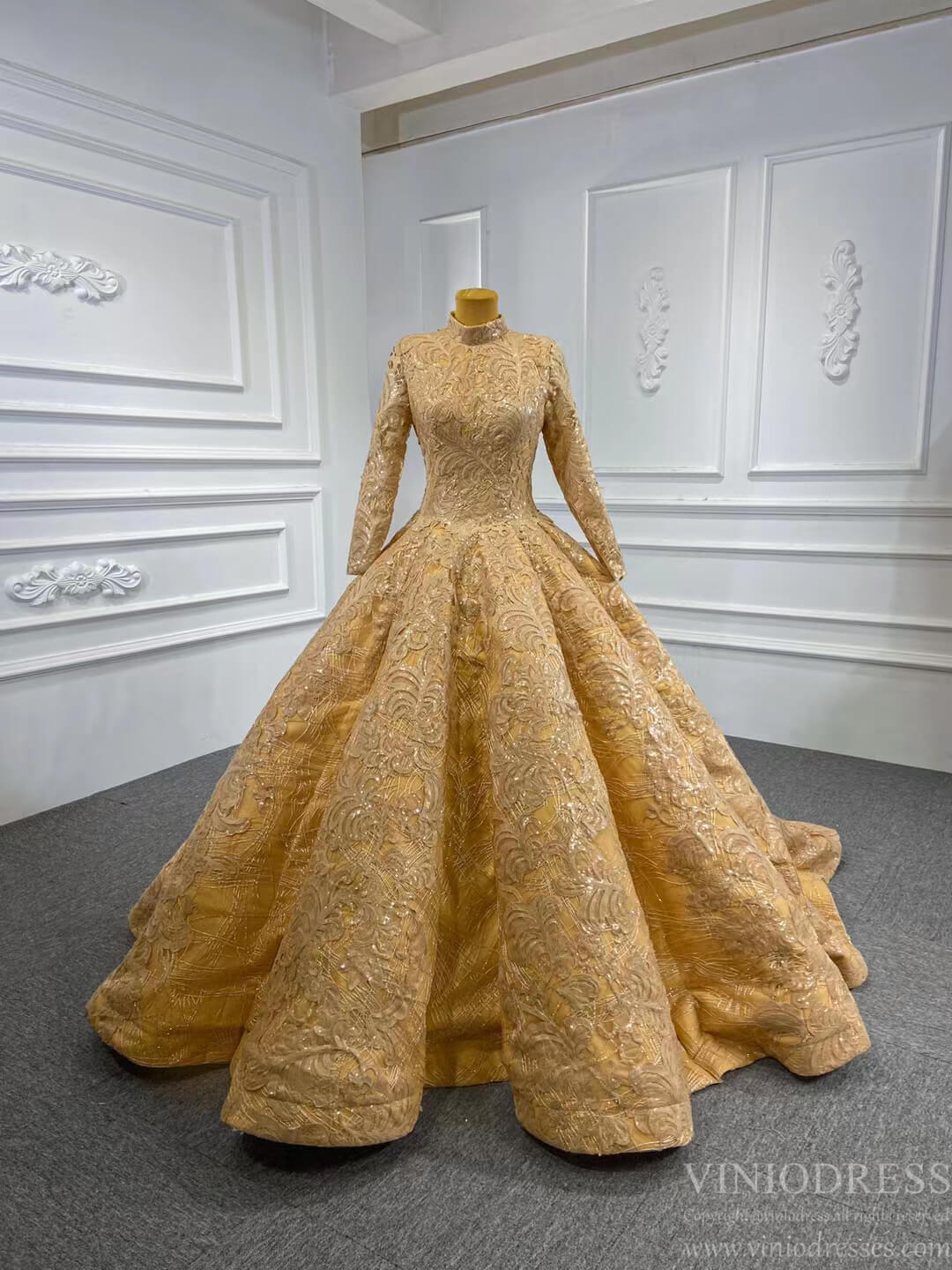 Prom Dress 2025 Vintage High Neck Ball Gown Wedding Dress 66686 Long Sleeve-unique Quinceanera Dresses-Gold-Custom Size-Viniodress