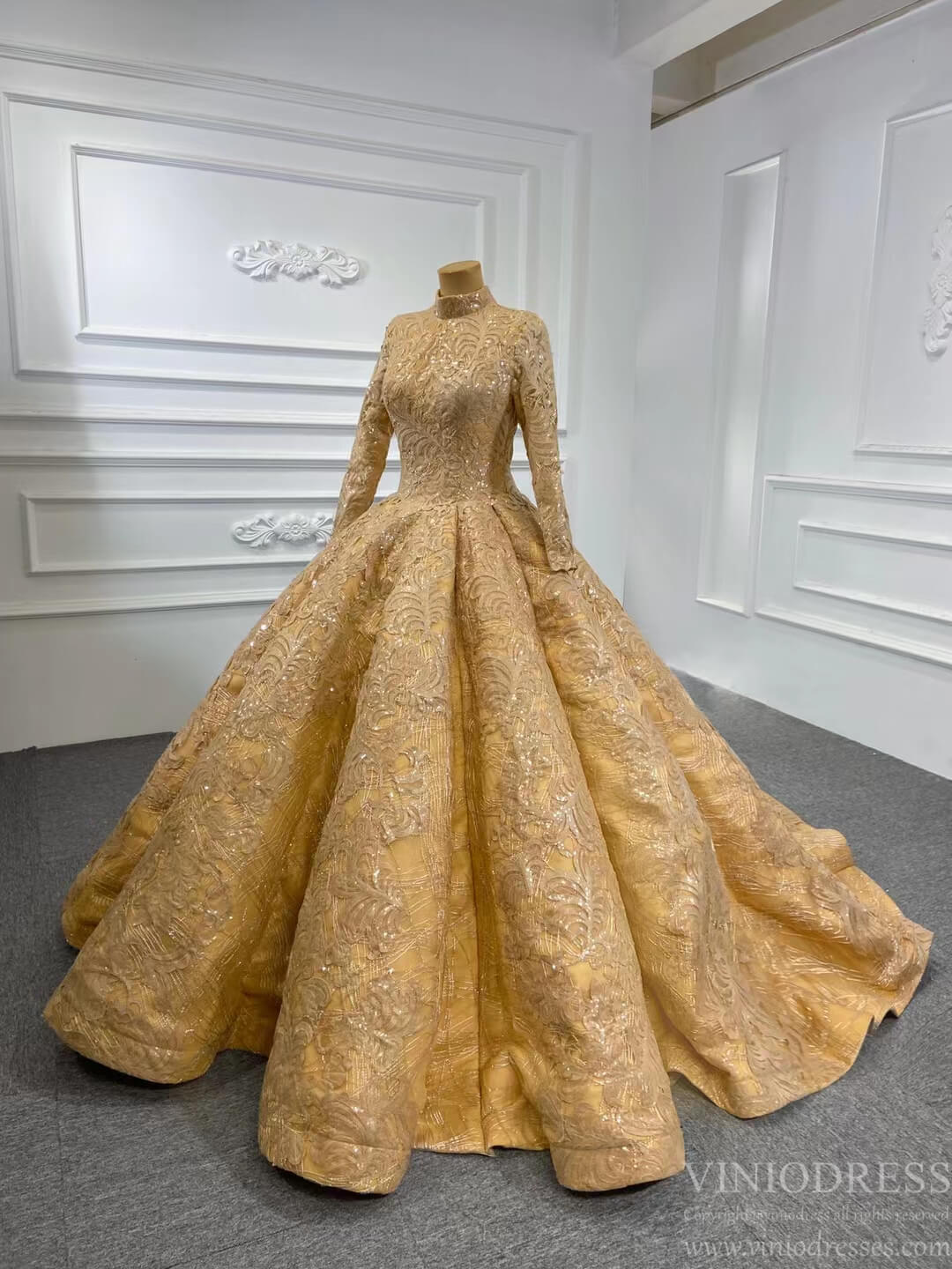 Prom Dress 2025 Vintage High Neck Ball Gown Wedding Dress 66686 Long Sleeve-unique Quinceanera Dresses-Gold-Custom Size-Viniodress