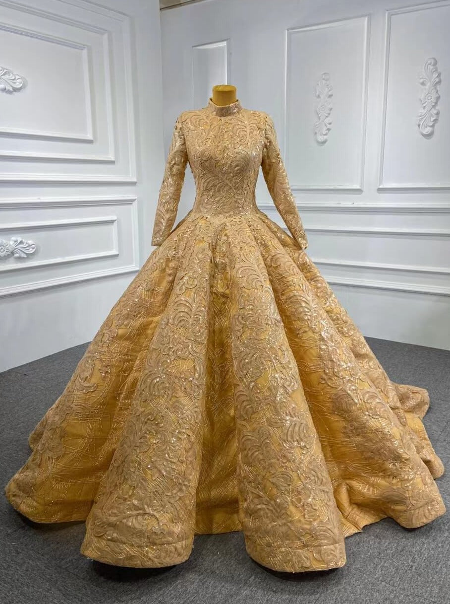 Prom Dress 2025 Vintage High Neck Ball Gown Wedding Dress 66686 Long Sleeve-unique Quinceanera Dresses-Gold-Custom Size-Viniodress