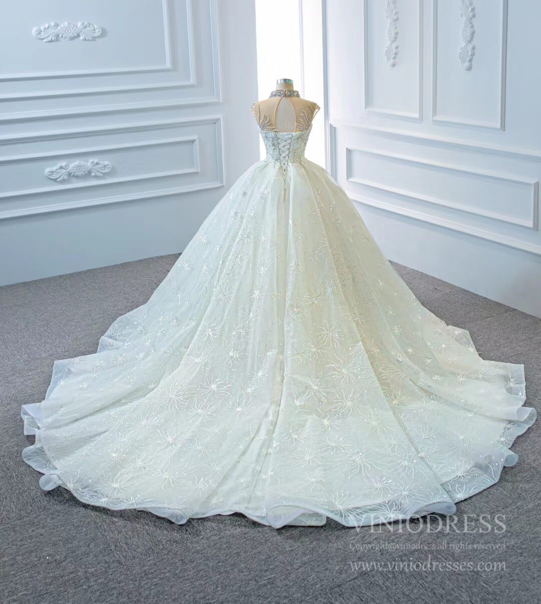 Vintage High Neck Beaded Arabic Wedding Dresses Lace Bridal Gown VW1769-wedding dresses 2025 -Viniodress-Ivory-Custom Size-