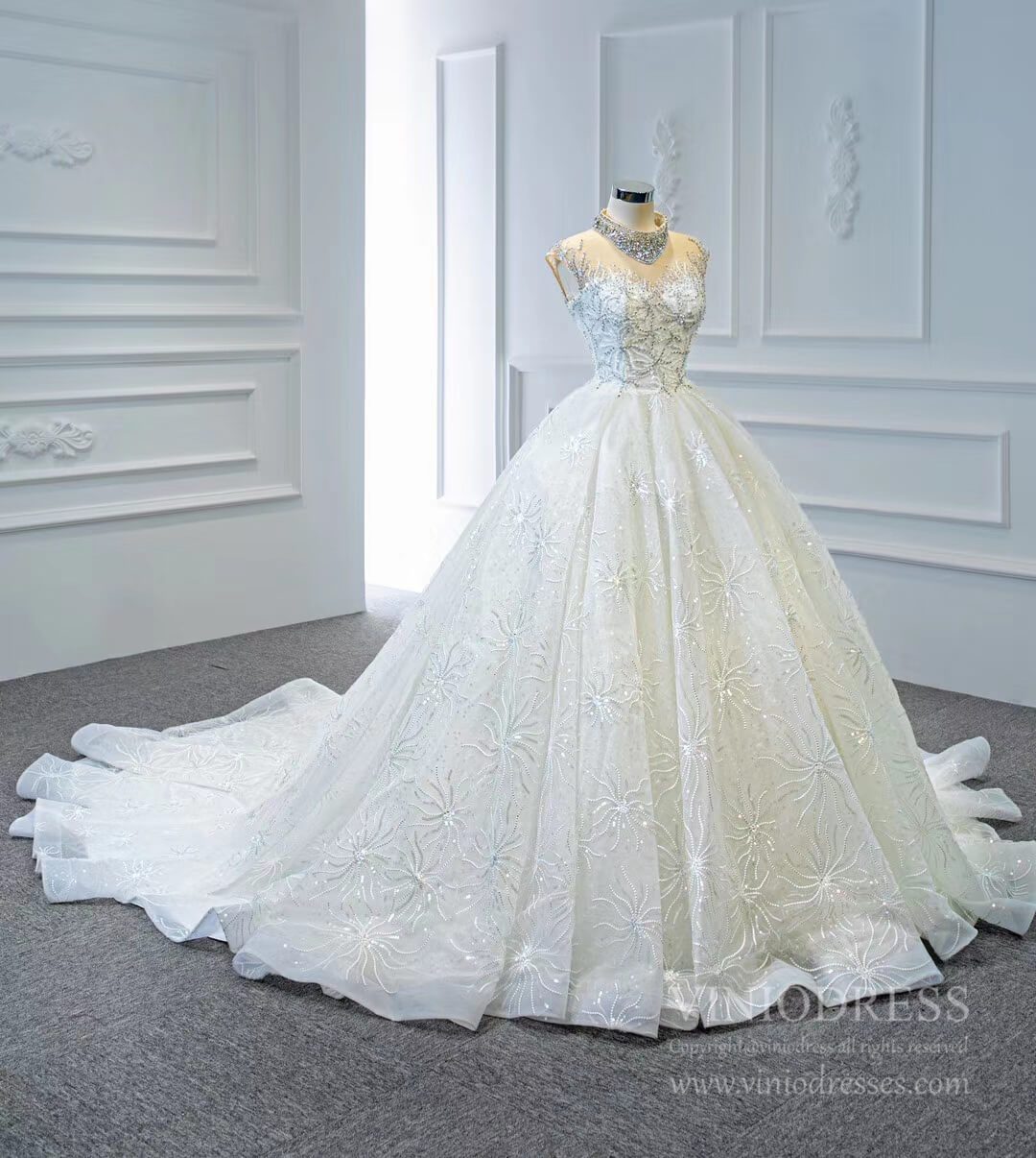 Vintage High Neck Beaded Arabic Wedding Dresses Lace Bridal Gown VW1769-wedding dresses 2025 -Viniodress-Ivory-Custom Size-