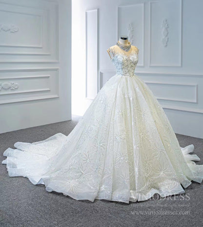 Vintage High Neck Beaded Arabic Wedding Dresses Lace Bridal Gown VW1769-wedding dresses 2025 -Viniodress-Ivory-Custom Size-