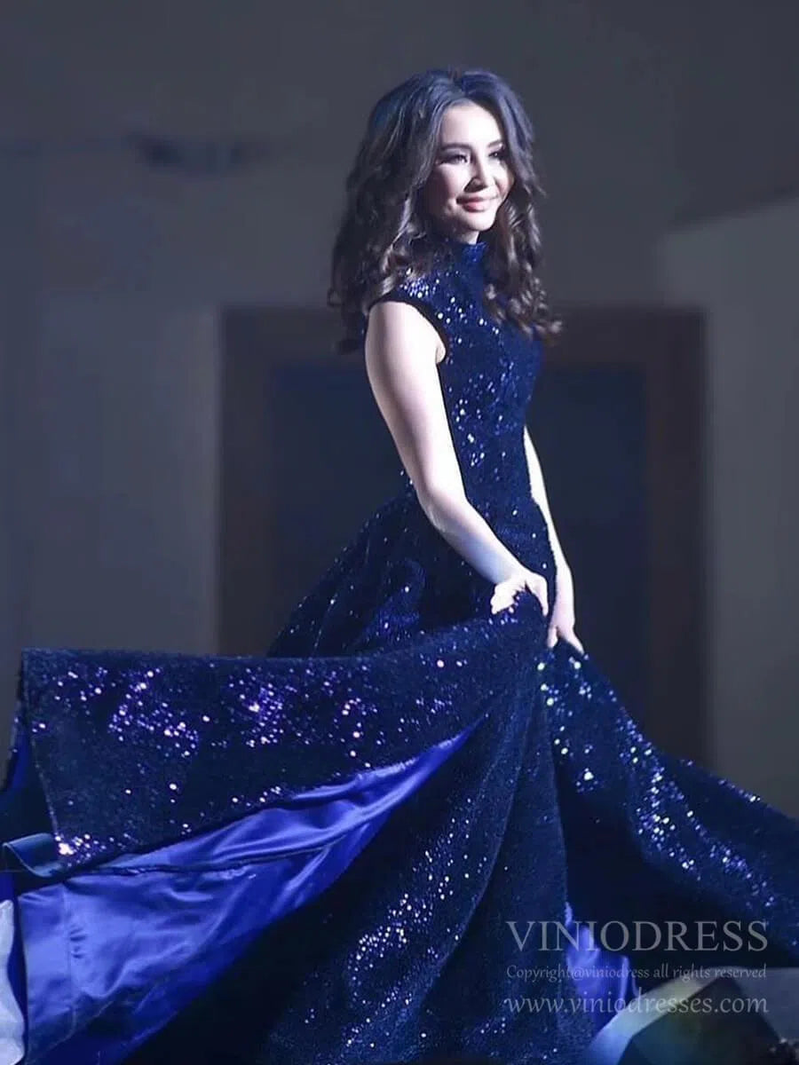 Vintage High Neck Black Sequin Prom Dresses Ball Gown for Debut FD1218B viniodress-prom dresses 2025 -Viniodress-Black-Custom Size-