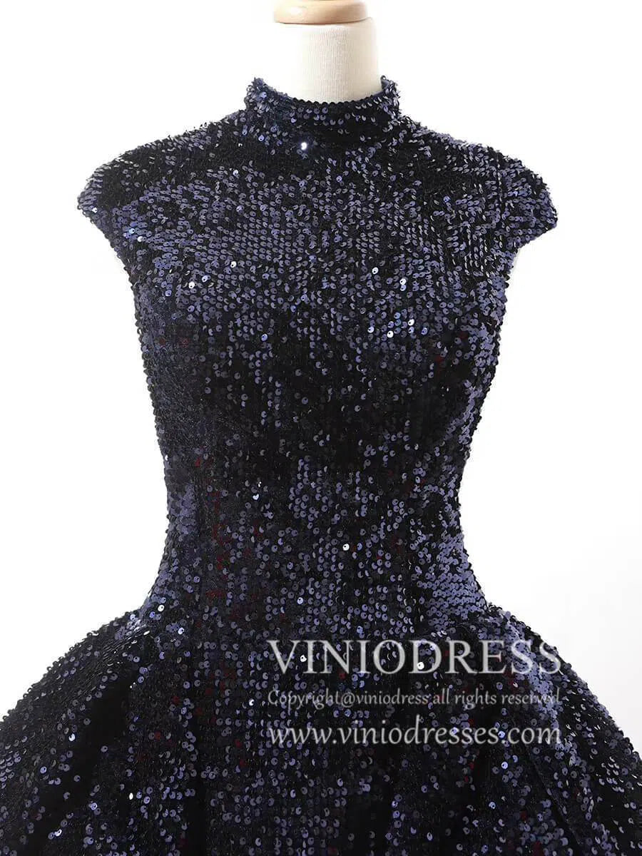 Vintage High Neck Black Sequin Prom Dresses Ball Gown for Debut FD1218B viniodress-prom dresses 2025 -Viniodress-Black-Custom Size-