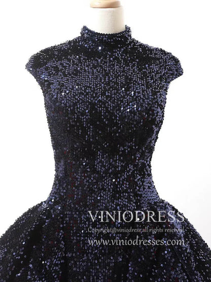 Vintage High Neck Black Sequin Prom Dresses Ball Gown for Debut FD1218B viniodress-prom dresses 2025 -Viniodress-Black-Custom Size-