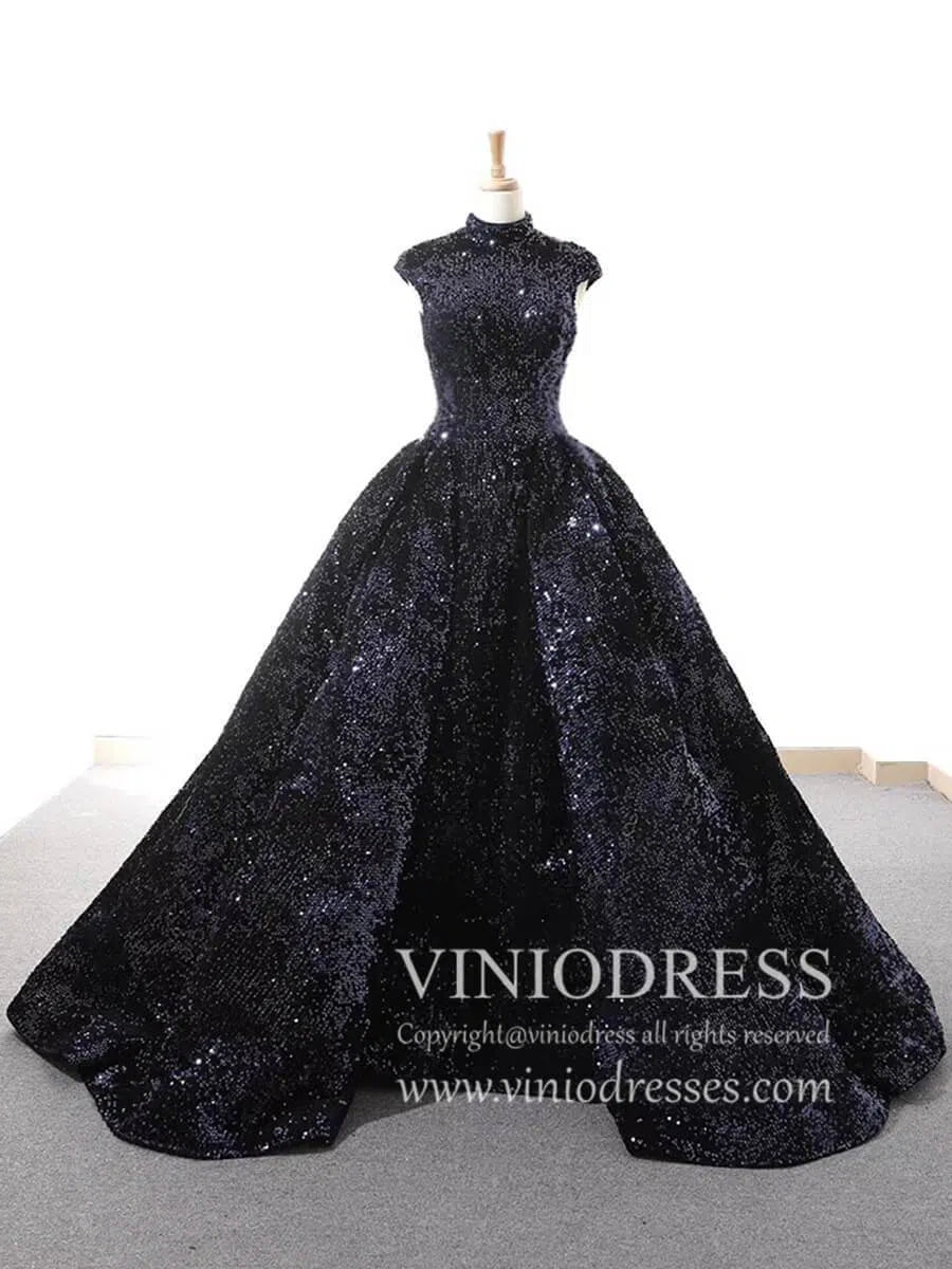 Vintage High Neck Black Sequin Prom Dresses Ball Gown for Debut FD1218B viniodress-prom dresses 2025 -Viniodress-Black-Custom Size-