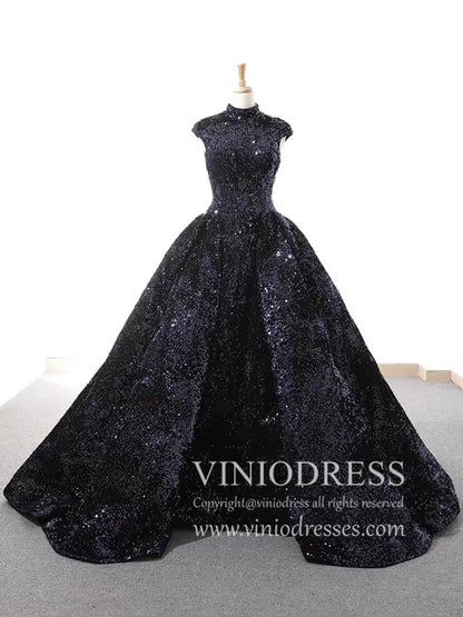 Vintage High Neck Black Sequin Prom Dresses Ball Gown for Debut FD1218B viniodress-prom dresses 2025 -Viniodress-Black-Custom Size-