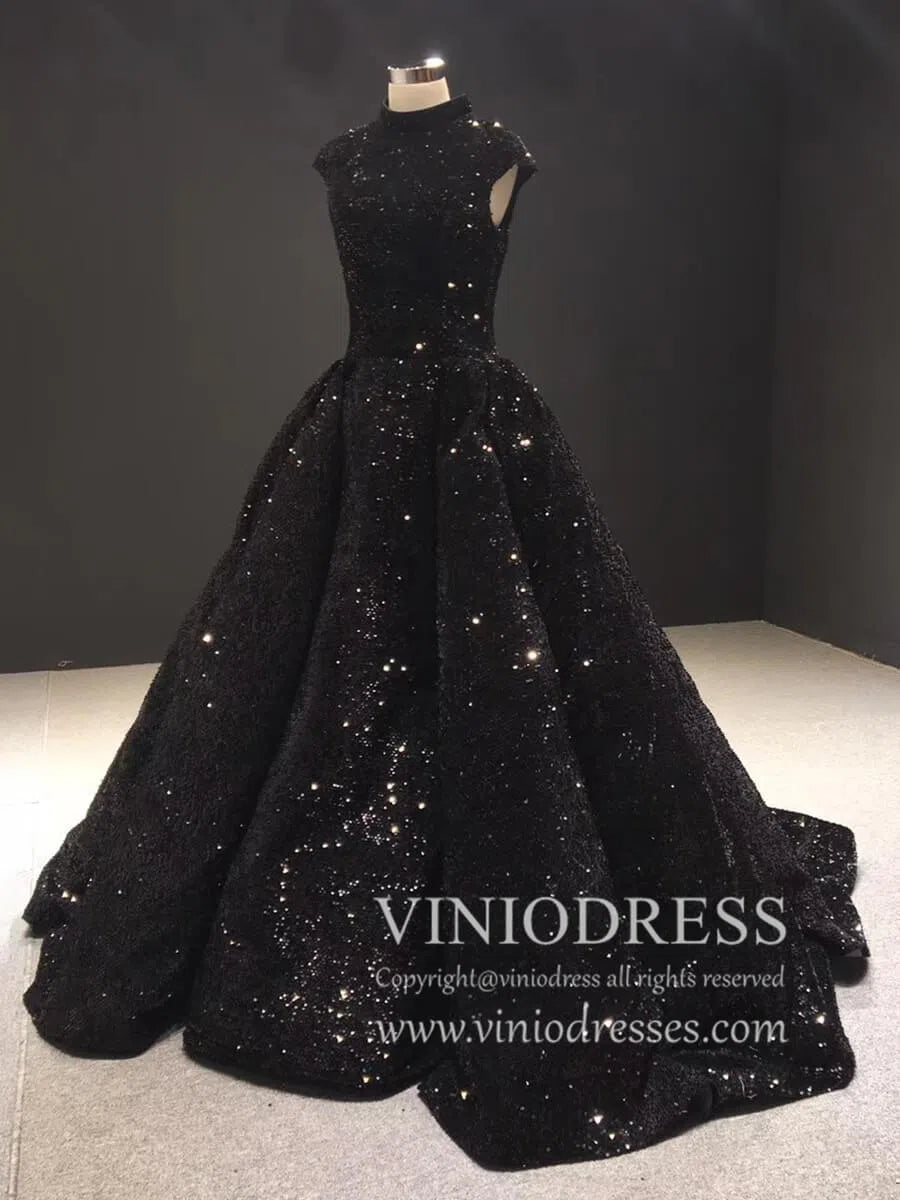 Vintage High Neck Black Sequin Prom Dresses Ball Gown for Debut FD1218B viniodress-prom dresses 2025 -Viniodress-Black-Custom Size-