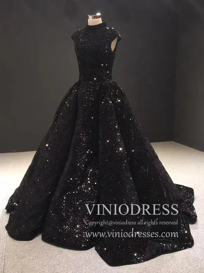 Vintage High Neck Black Sequin Prom Dresses Ball Gown for Debut FD1218B viniodress-prom dresses 2025 -Viniodress-Black-Custom Size-