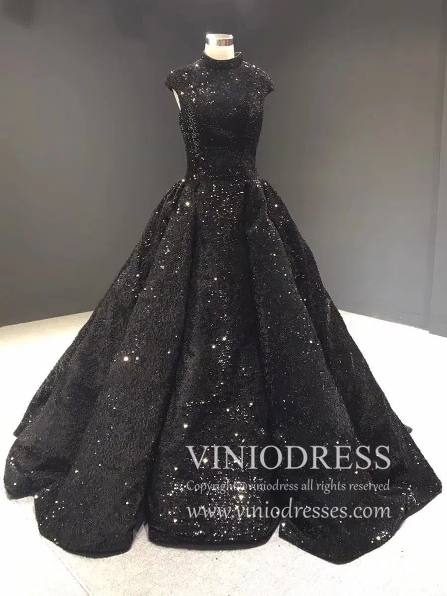 Vintage High Neck Black Sequin Prom Dresses Ball Gown for Debut FD1218B viniodress-prom dresses 2025 -Viniodress-Black-Custom Size-