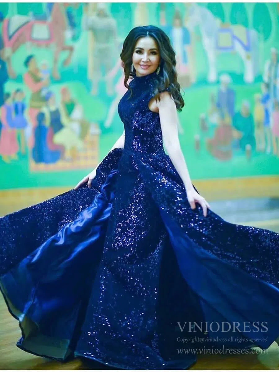 Vintage High Neck Black Sequin Prom Dresses Ball Gown for Debut FD1218B viniodress-prom dresses 2025 -Viniodress-Navy Blue-Custom Size-