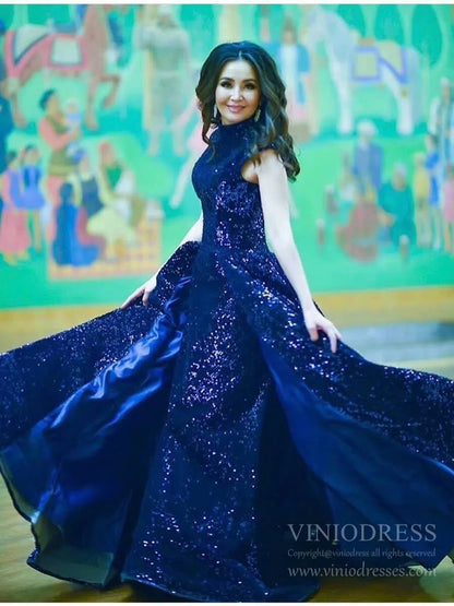 Vintage High Neck Black Sequin Prom Dresses Ball Gown for Debut FD1218B viniodress-prom dresses 2025 -Viniodress-Navy Blue-Custom Size-