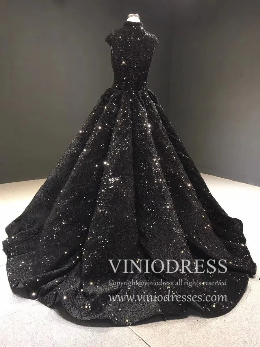 Vintage High Neck Black Sequin Prom Dresses Ball Gown for Debut FD1218B viniodress-prom dresses-Viniodress-Viniodress