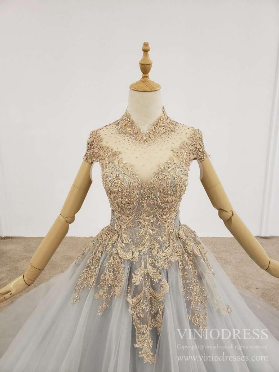 Prom Dress 2025 Vintage High Neck Grey Tulle Ball Gown Gold Lace Appliqued Prom Dresses FD2302-unique Quinceanera Dresses-As Picture-Custom Size-Viniodress