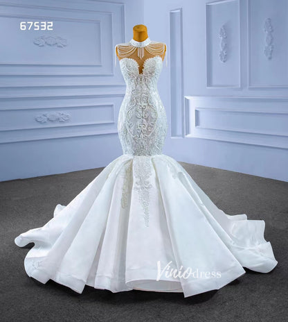 Vintage High Neck Mermaid Wedding Dresses Trumpet Wedding Gown 67532-wedding dresses 2025 -Viniodress-Ivory-Custom Size-