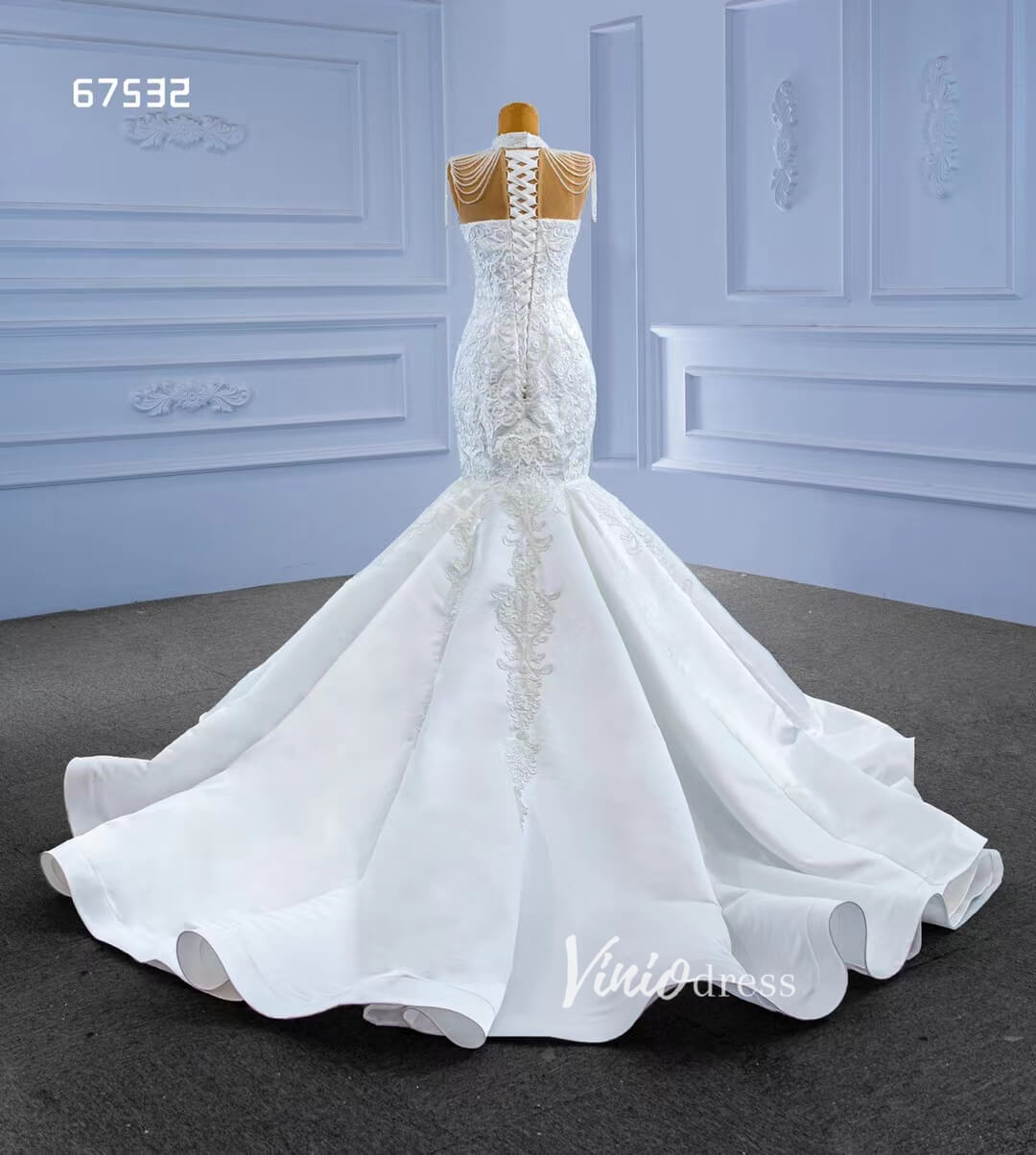 Vintage High Neck Mermaid Wedding Dresses Trumpet Wedding Gown 67532-wedding dresses 2025 -Viniodress-Ivory-Custom Size-