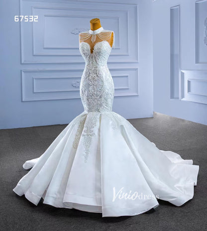 Vintage High Neck Mermaid Wedding Dresses Trumpet Wedding Gown 67532-wedding dresses 2025 -Viniodress-Ivory-Custom Size-