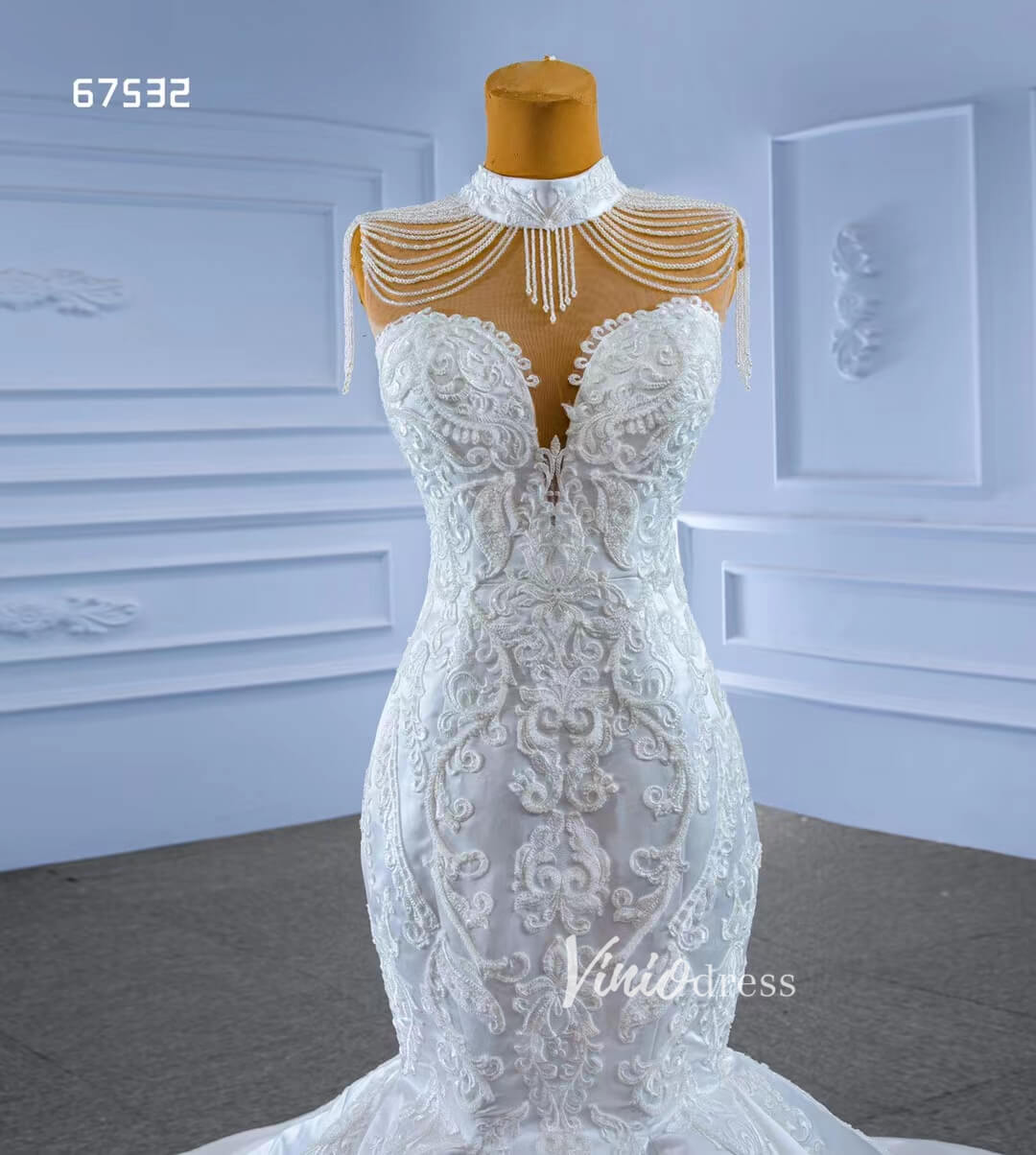 chinese dress ladies Vintage High Neck Mermaid Wedding Dresses Trumpet Wedding Gown 67532 –  Viniodress
