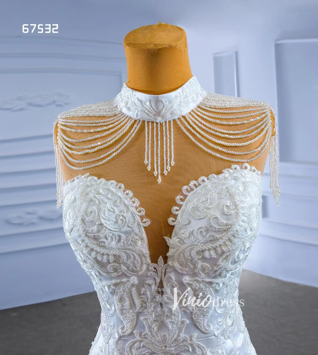 Vintage High Neck Mermaid Wedding Dresses Trumpet Wedding Gown 67532-wedding dresses 2025 -Viniodress-Ivory-Custom Size-
