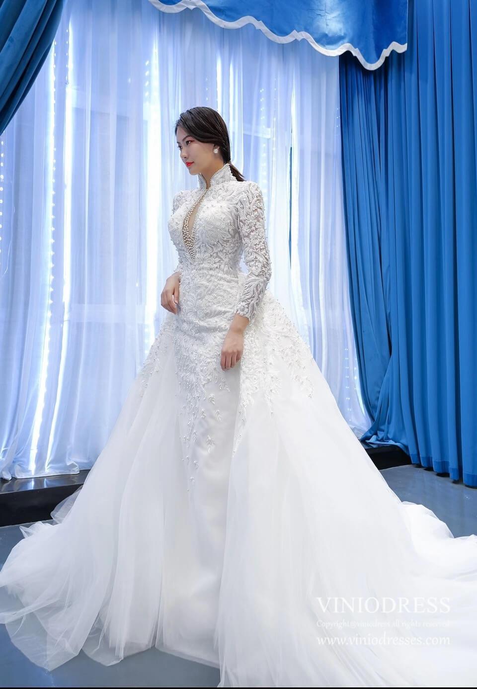 Vintage High Neck Pearl Beaded Wedding Gown with Long Sleeves 67218-wedding dresses 2025 -Viniodress-Ivory-Custom Size-