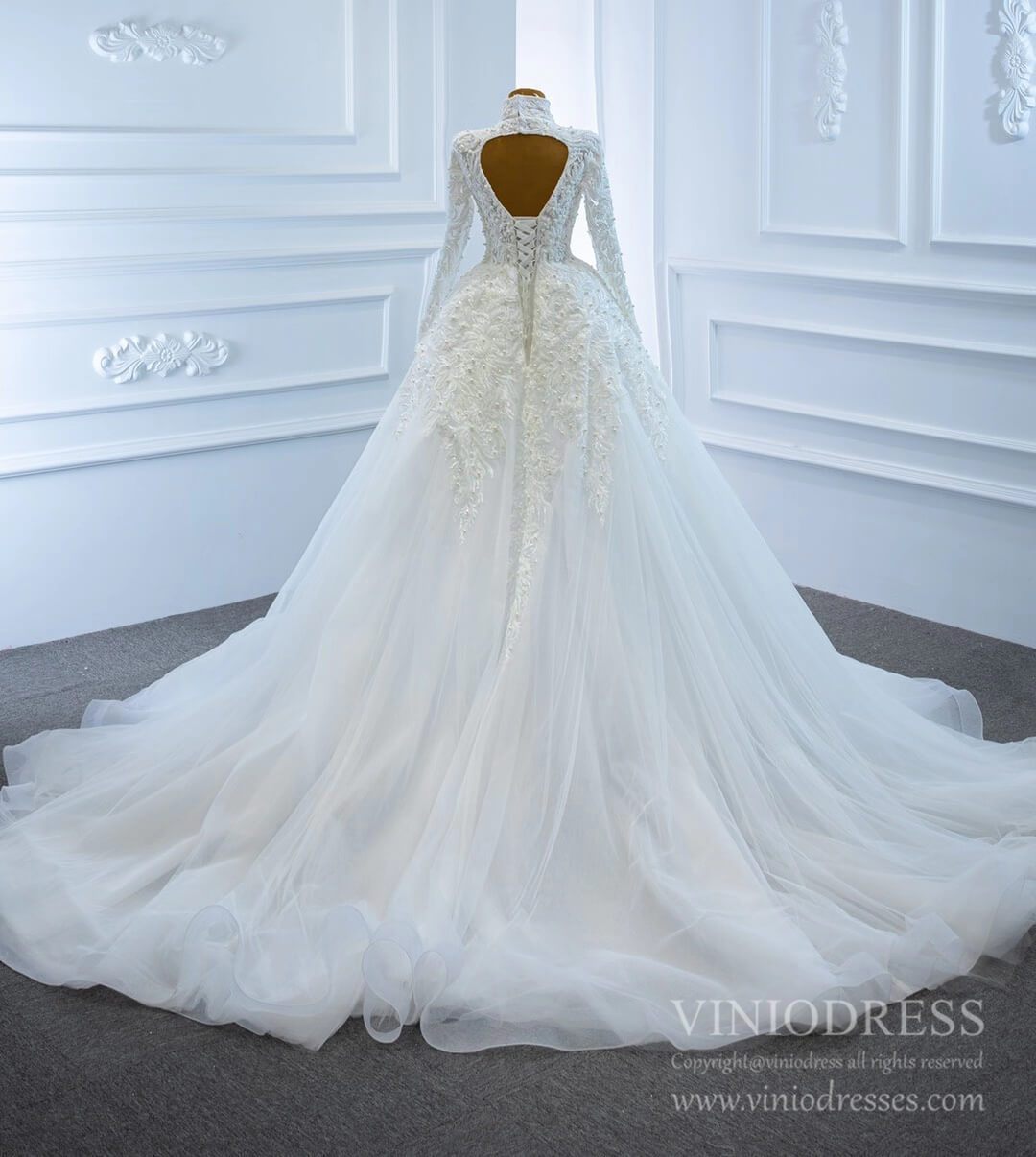 Vintage High Neck Pearl Beaded Wedding Gown with Long Sleeves 67218-wedding dresses 2025 -Viniodress-Ivory-Custom Size-