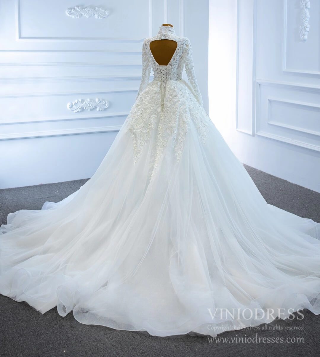 Vintage High Neck Pearl Beaded Wedding Gown with Long Sleeves 67218-wedding dresses 2025 -Viniodress-Ivory-Custom Size-